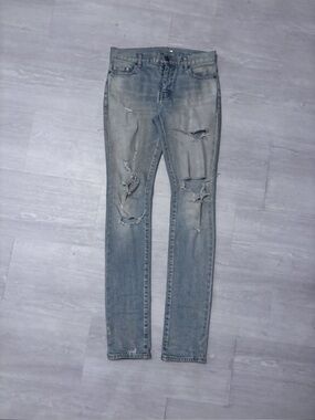 Saint Laurent Distressed Skinny Jeans in Faded Blue
